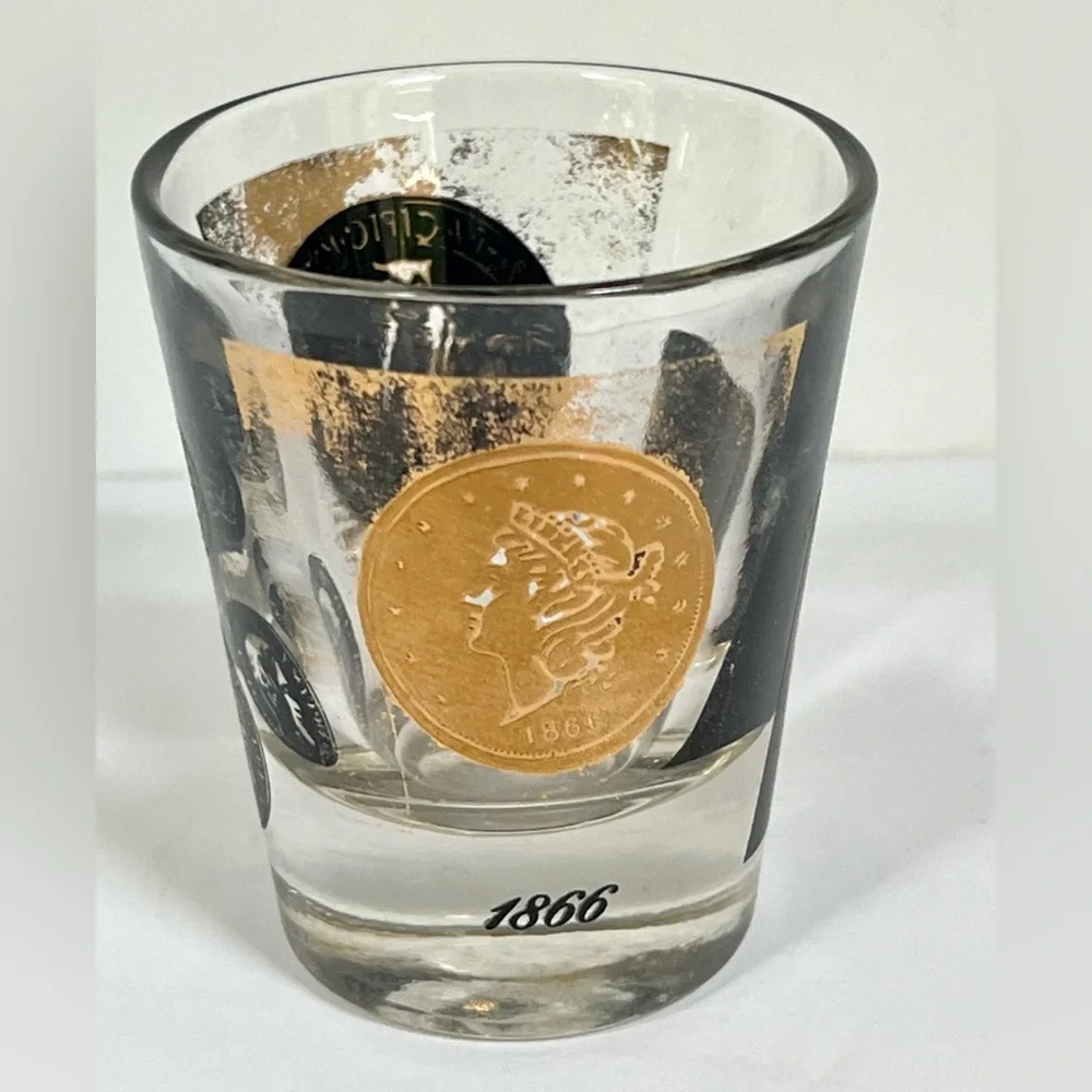 8 VTG Shot Glasses MCM Cera Glass Coins Gold Black Barware Mid-century Modern